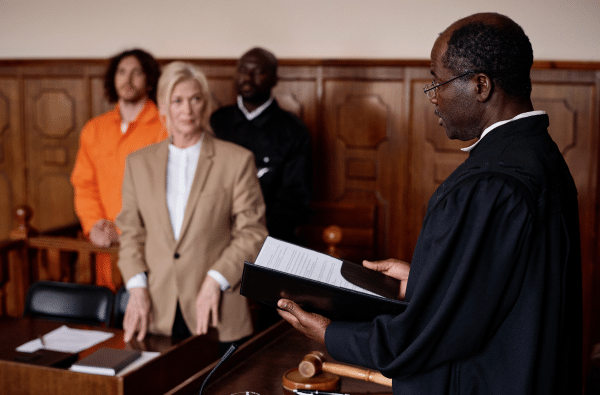A judge addressing the courtroom with 3 individuals standing beside him